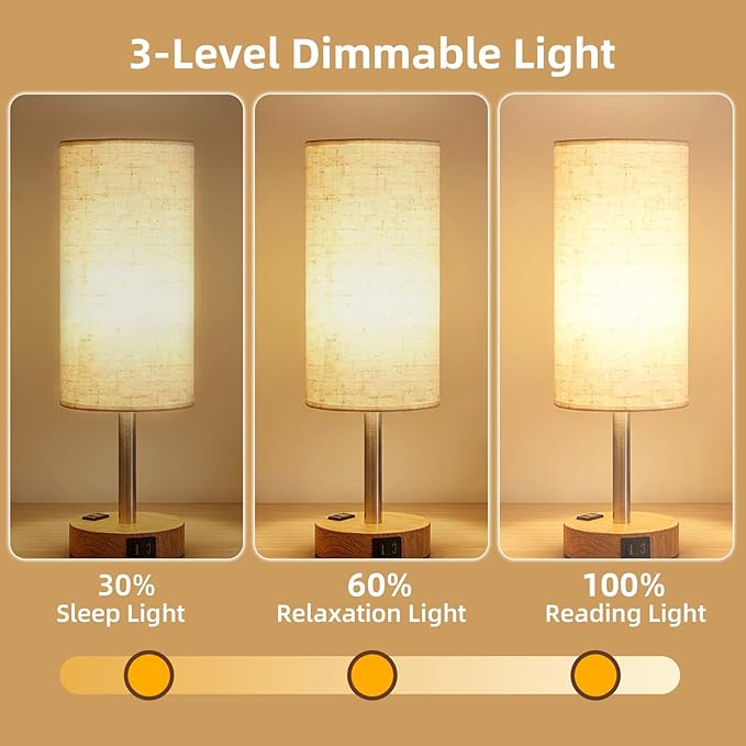 Table Lamp for Nightstand, High-Sensitivity Touch, 3-Level Dimmable Bedside Lamp with AC Outlet | USB | and USB-C, Ideal Night Stand Lamp for Bedroom, Reading, Living Room (Warm&Wooden)