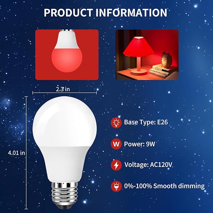 Aogled Red Light Bulbs for Sleep 9W E26,Red Night Light, 670nm LED Light Bulb for Melatonin, A19 60W Equivalent Dim Light Bulbs for Bedroom,Baby Nursery,Natural Sleep