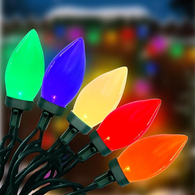 26FT C9 Christmas String Lights, Outdoor Christmas Decorations Lights with 50 LED C9 Multicolor Opaque Bulbs Waterproof, Hanging Patio Light for Christmas Tree Patio Roofline Garden Party Holiday