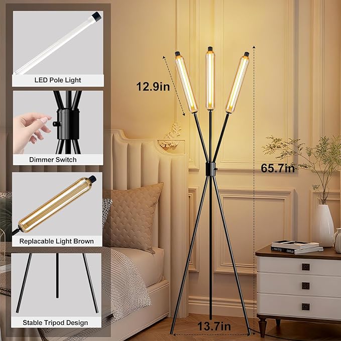 Lightdot LED Tripod Floor Lamps for Living Room, Stepless Dimmable Modern Standing Tall Lamp with 360° LED LampHead,Mid Century Industrial Floor Lamp for Bedroom/Sofa Beside/Corner Decor-Black