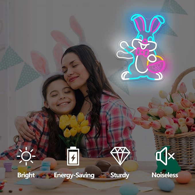 Easter Neon Sign Waving Bunny Neon Light Dimmable Spring Rabbit with Egg Basket Led Sign Easter Light Up Window Decorations Happy Easter Sign for Home