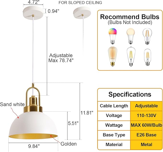 Vintage Pendant Light White and Gold Pendant Light with 9.84 Inch Round Dome, Brass Socket, and 78.74 Inch Cord - Perfect for Kitchen Island, Dining Room, Hallway
