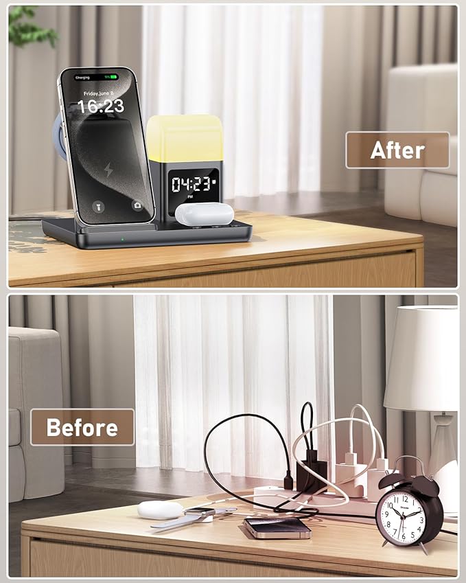 6 in 1 Wireless Charging Station for Apple Charging Station for Multiple Devices with Alarm Clock and Night Light nightstand for iPhone 16 15 14 13 for Apple Watch Best Gift for Your Loved Ones