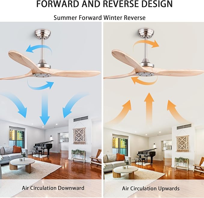 42" Wood Ceiling Fan No Lights with Remote Control，Wooden 3 Blades Ceiling Fans Without Light for Patio,Garage,Living Room,Bedroom,Office,Indoor/Outdoor(Nickel+Raw wood)