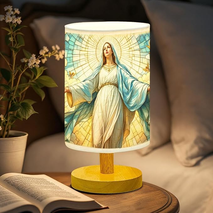 The Merciful Virgin Mary Table Lamp LED 3-Color Pressed Bedside, The Merciful Virgin Mary Shade Lamp with Wood Base for Bedroom Living Room Desk Office TL01