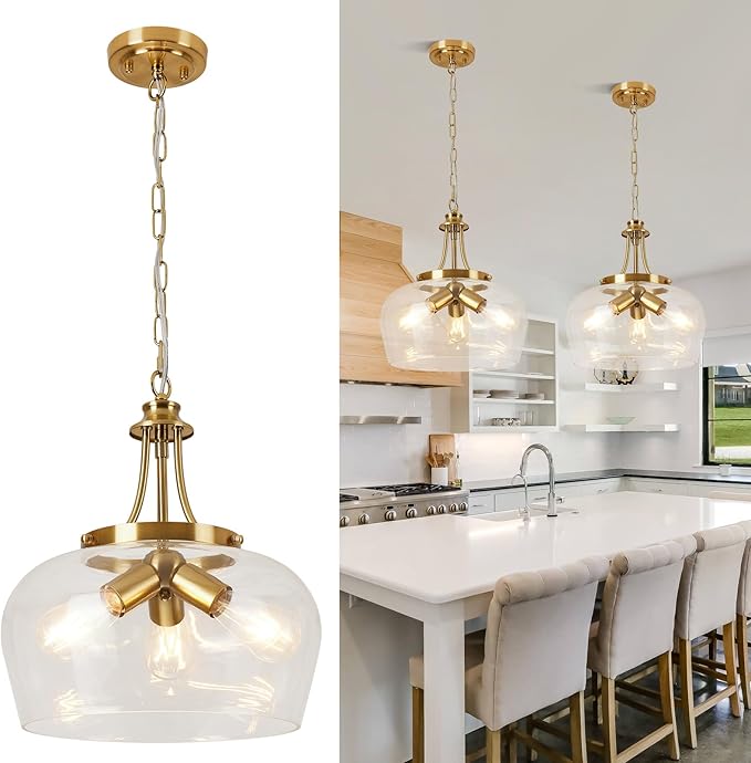 14.2" Modern Pendant Lights Kitchen Island, 3-Light Gold Pendant Light Fixtures with Clear Glass Shade, Industrial Hanging Pendant Lights Fixture for Kitchen Island, Dining Room, Bedroom, Entryway