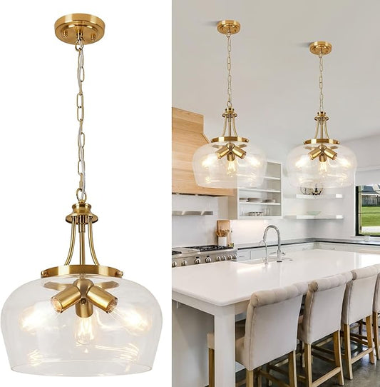 14.2" Modern Pendant Lights Kitchen Island, 3-Light Gold Pendant Light Fixtures with Clear Glass Shade, Industrial Hanging Pendant Lights Fixture for Kitchen Island, Dining Room, Bedroom, Entryway