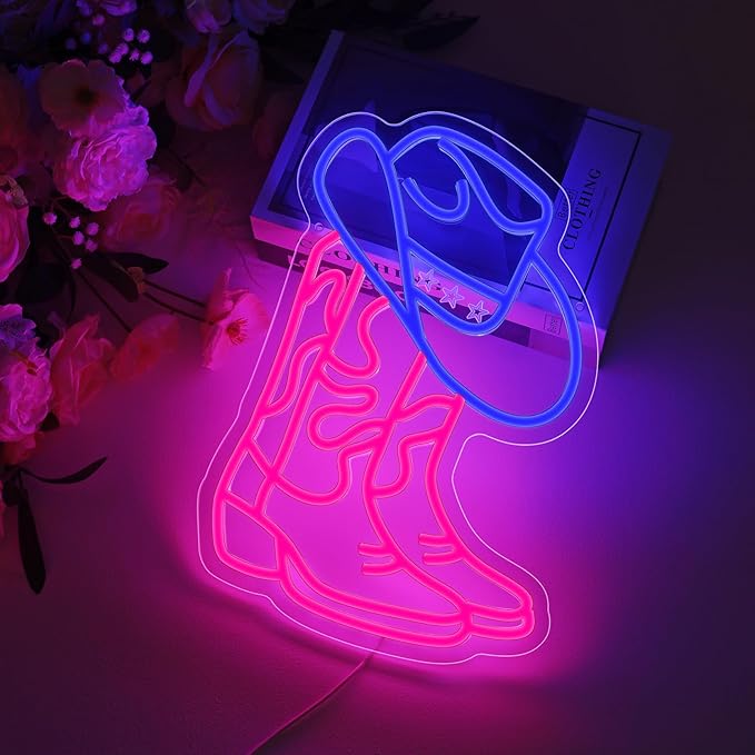 Cowboy Hat and Boot Neon Sign for Wall Decor,Dimmable LED Pink Cowgirls Boot Neon Signs 15X10.8 in USB Powered Western Cowboy Neon Light for Game Room Bedroom Party Bar Decor Birthday Christmas Gift