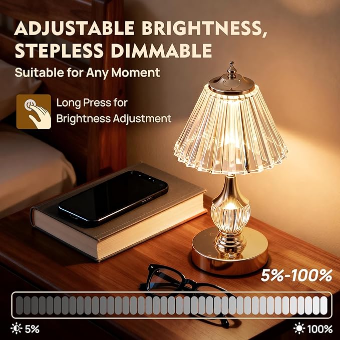 Vintage Gold Crystal Rechargeable Lamp Cordless, LED Touch Battery Operated Table Lamp, 3 Colors Dimmable Portable, Modern Home Decor, Bedroom, Bedside, Living Room, Kitchen, Pleated