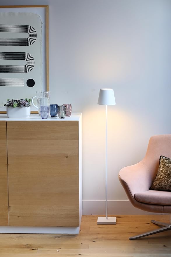 Zafferano, Poldina L Lamp, Rechargeable Cordless Floor Lamp with Touch Controls, Suitable for Indoor and Outdoor, Dimmer, 2200-3000 K, Adjustable Height 20.4-48 Inches, White Color