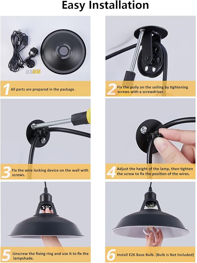 Plug in Pulley Pendant Light with 14.76ft Cord On/Off Switch, Industrial Barn Black Hanging Lights with Plug in Cord, Pulley Wall Pendant Lamp for Kitchen Island, Pool Table, Bedroom, 1 Pack