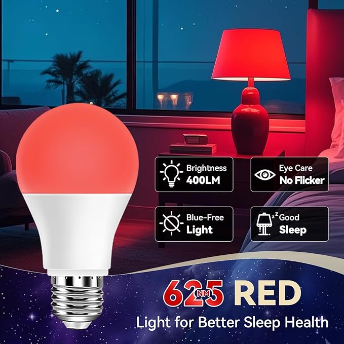 Neporal 625nm Red Light Bulbs for Sleep 3W, 100% Blue Light Blocking Light Bulbs for Melatonin Promoting, A19 LED 40W Equivalent Dim Red Night Light Bulb for Baby Nursery, Sleeping, Reading, 4-Pack