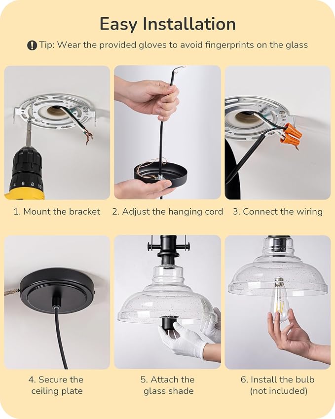 EDISHINE Farmhouse Pendant Lights Kitchen Island, Clear Seeded Glass Shade Hanging Light with Matte Black Finish, Modern Pendant Light Fixtures with Open Shade, Over Island Bar,E26 Base