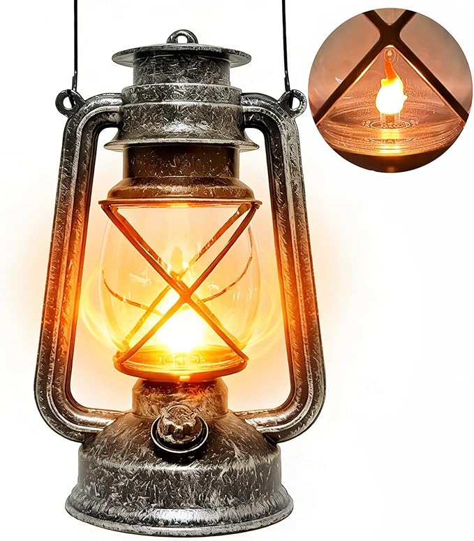 Vintage LED Outdoor Lantern Battery Powered Lanterns with Flame Wick Waterproof Camping Lamp Non-Solar Hanging Lantern Lights Landscape Decor for Indoor/Outdoor Use- Silver Color