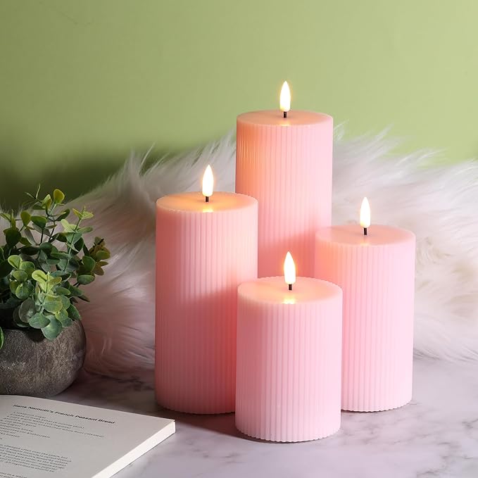 Pink Ribbed Flameless Pillar Candles with Remote, Flat Top Flickering LED Wax Battery Candles Set of 4, Φ 3" H 4" 5" 6" 8"