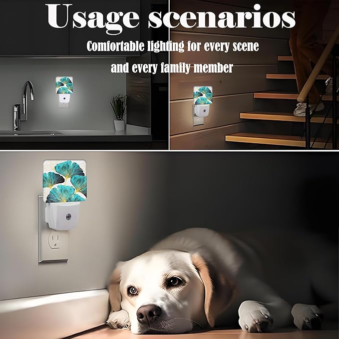 Green Ginkgo Leaves Night Light,Plug Into Wall Decor for Stairway,Hallway,Kitchen,Dusk to Dawn Sensor Nightlights for Boys/Girls/Women/Men Room Gifts