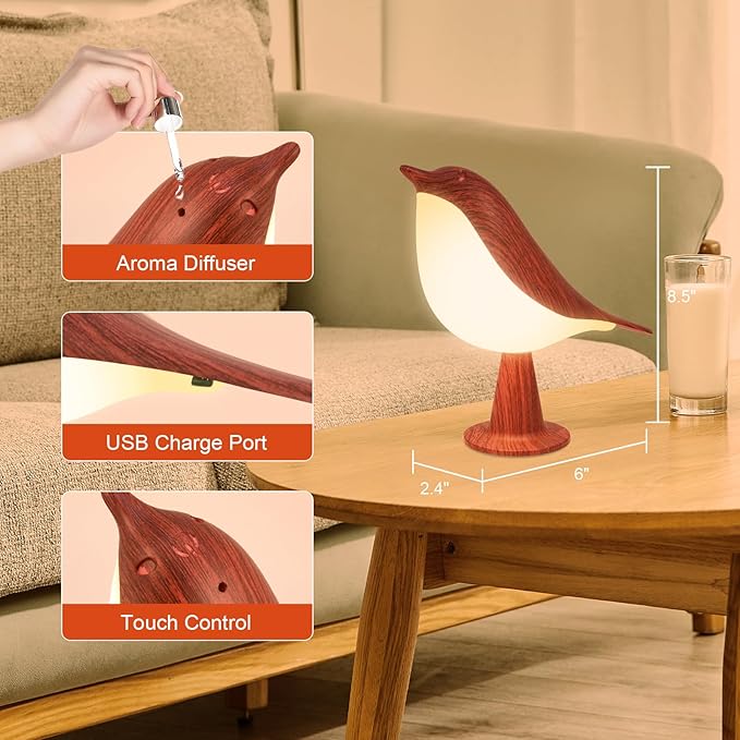 Small Desk Lamp, Bird Bedside Light with 3 Color Temperature and Touch Sensor, Cordless Kids Night Light, Rechargeable Battery for Bedroom Nightstand Table - Red