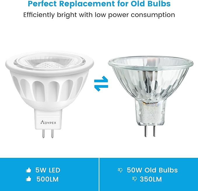 10 Pack Dimmable MR16 LED Bulbs, 12V 5W(50-Watt Equivalent), 3000K Warm White, GU5.3 Bi-Pin Base, 40-Degree, Indoor/Outdoor Landscape Spotlight Track Recessed Lighting