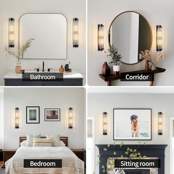 Black Wall Sconces Set of Two with Crystal Glass Strip Bathroom Sconces 2 Light E12 Base Modern Wall Lights for Bedroom Living Room Hallway Wall Light Fixtures