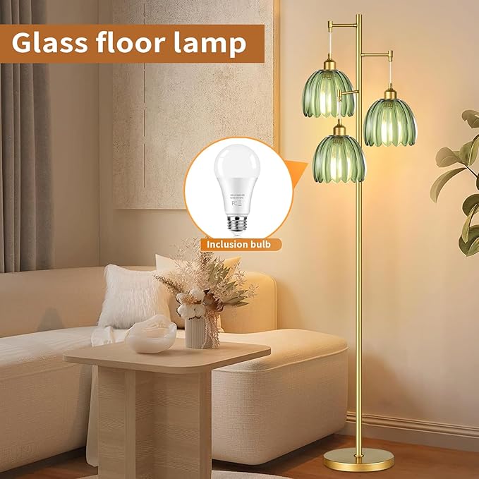 Gold Floor Lamp for Living Room,Bedroom,Mid Century Modern Standing Lamp Brass Tree 3 Light Tall Floor Lamps Vintage Retro Floor Lights Glass Green Flower Lamp Shade Farmhouse Boho Bohemian