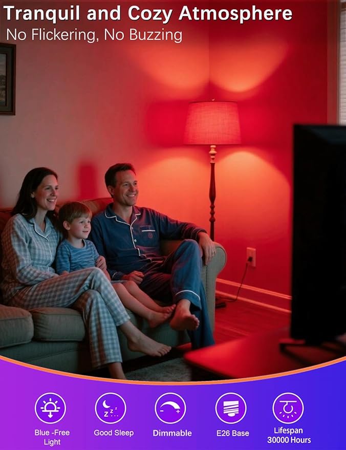630nm Red Light Bulb for Sleep Dimmable, 100% Blue Light Blocking, Promotes Melatonin Production, E26 A15 LED 5W Red Dim Night Light for Baby's Bedroom, Sleeping, 6Pack