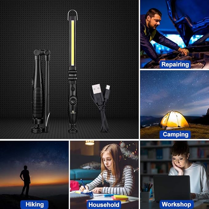 ORHOMELIFE Rechargeable LED Work Light - 750 Lumens Foldable LED Flashlight Handheld Cordless Work light with Magnetic Base, 360°Rotate, Power Indicator for Car Repair, Garage, Household (2 Pack)