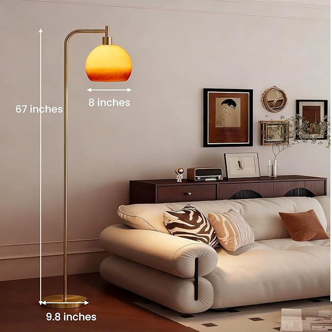 Glass Floor Lamp,67" Modern Standing Lamp with Sunset Grapefruit Glass Lampshade Metal Pole for Living Room, Bedroom, Office - Heavy Base,Pedal Switch (Include Bulb)(Gradient)