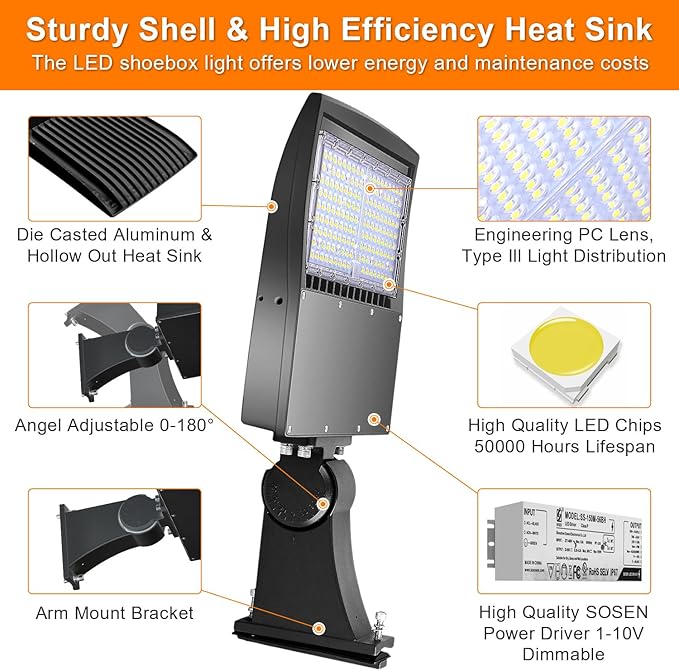 480V 150W LED Parking Lot Light, 21000LM LED Shoebox Street Flood Light (500W MH/HPS Equiv.), 5000K Dimmable Commercial Area Lighting with 20KV Surge Protection, IP65 277-480V UL&DLC Listed