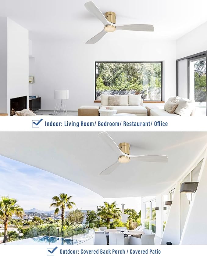 52'' Low Profile Ceiling Fans No Light with Remote Control, Flush Mount Ceiling Fan Without Lights,Outdoor Ceiling Fan for Patios Noiseless DC Motor,White wood blades Golden body