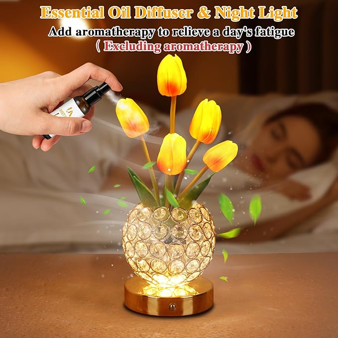 Birthday Gifts for Women Mothers Day Gifts For Mom Table Lamp, 3 Color Crystal Flower Bedside Lamps Infinitely Dimming with USB Charge Small Night Light,Nightstand Touch Lamp for Bedroom (gold-tulip)
