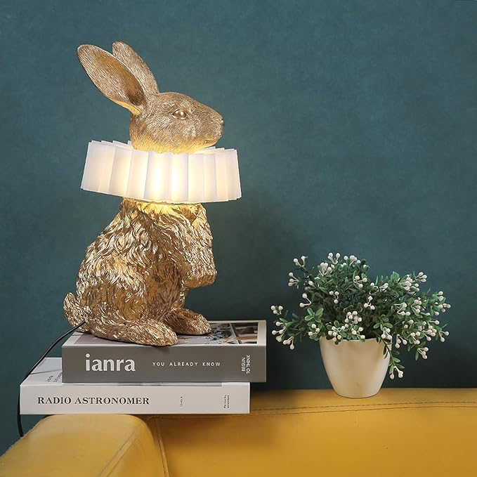 Scarf Rabbit Table Lamp,Resin Crafted Gold Bunny Lamp Featuring White Pleated PC Lampshade,USB Plug,Energy-Efficient Nightstand Lamp (Gold Standing)