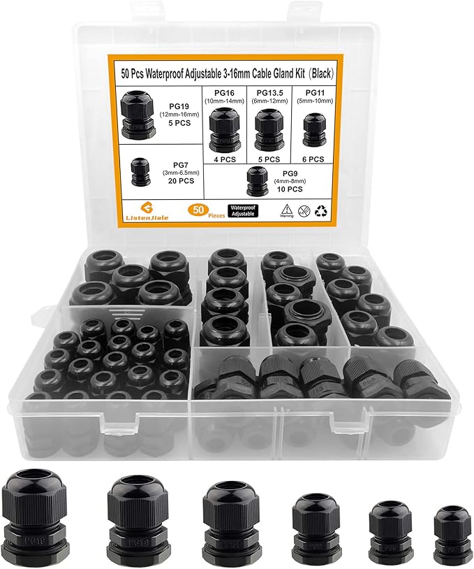 Cable Gland Waterproof,LISTENJIALE 50 pcs Adjustable 3-16mm Waterproof Cable Connectors PG7 PG9 PG11 PG13.5 PG16 PG19 Plastic Cable Gland Joints with Gaskets in PP Box(Black)