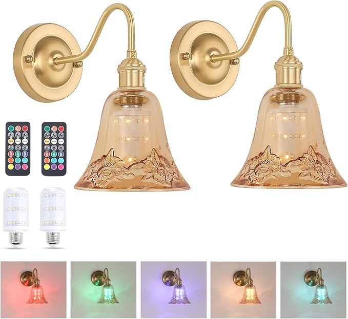 Battery Operated Wall Sconce Set of 2, Vintage Rechargeable Wall Lights with Amber Morning Glory Glass Shade, Wireless Indoor Wall Lamp with Remote for Bedroom Living Room Bathroom