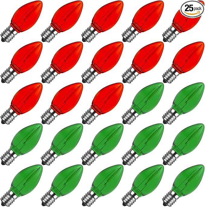 Meconard C7 Led Replacement Christmas Light Bulb, C7 Shatterproof Led Bulbs for Christmas Indoor Outdoor String Lights, E12 Candelabra Base Red Light Bulbs Green Light Bulb, 25 Pack