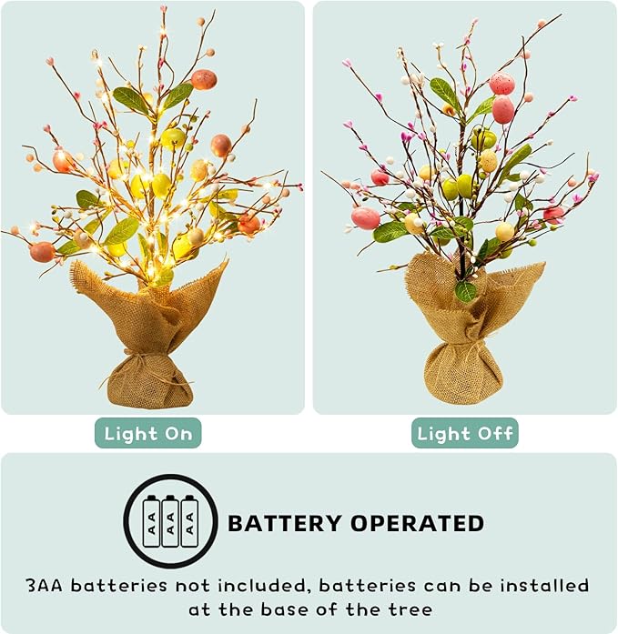 EAMBRITE Easter Decorations Easter Egg Tree with Lights, Lighted Trees Battery Powered, Tabletop Centerpiece Decor with Colorful Egg Ornaments for Home Table Party Spring Decoration (2 Pack)