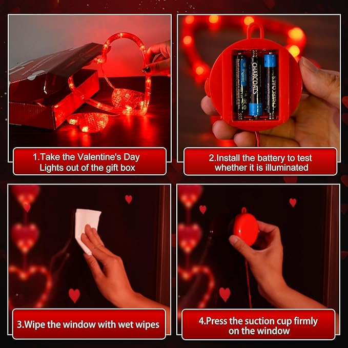 3 Pack Valentines Day Window Lights Decorations with Timer, Battery Powered Hanging Red Lighted Heart Shaped Silhouette Sucker LED Lamp for Fireplace Indoor Home Decor