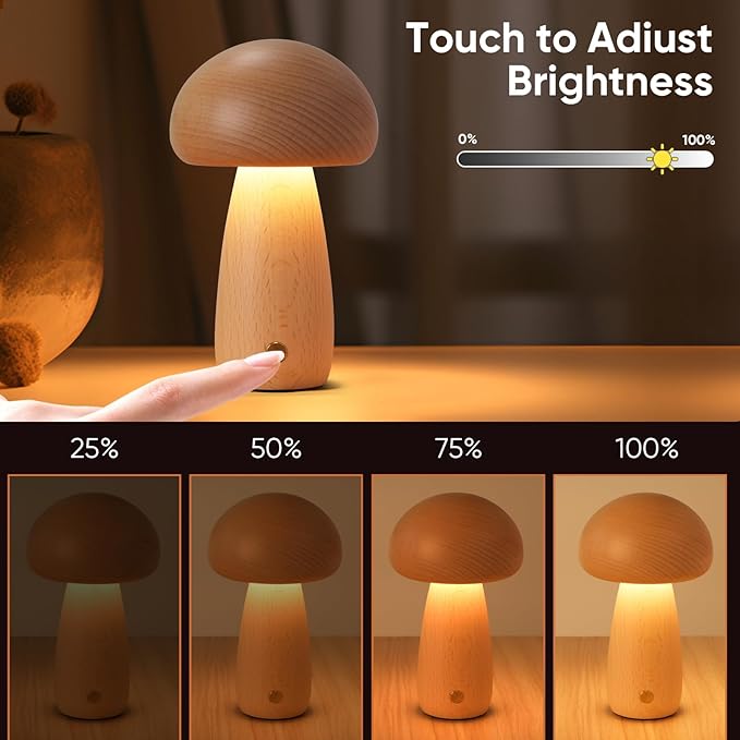 Wooden Mushroom Lamp for Bedroom, Portable Cordless Small Rechargeable Battery Operated Lamp,Stepless Dimming, Night Light for Birthday Gifts