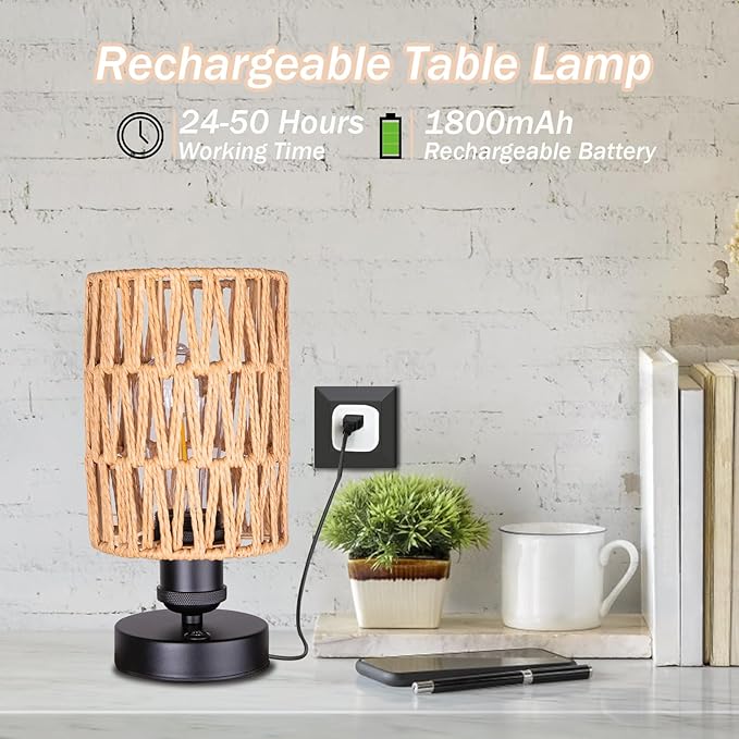 Cordless Rechargeable Outdoor Table Lamps, Battery Operated Table Lamp, Stepless Dimmable for Patio, Living Room, and Bedroom (Bulb Included) - Set of 2 (Beige)