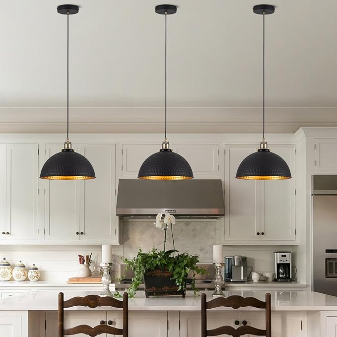 12" Industrial Black Gold Pendant Lights Vintage Dome Pendant Light Fixtures with Golden Finish Rustic Farmhouse Black Pendant Lights for Kitchen Island, Dining Room, Bedroom