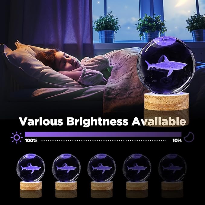 3D Shark Crystal Ball Night Light with Remote Lifelike 3.15 In Shark Sea Animal Glass Ball Lamps with 16 Color LED Wooden Base for Birthday Holiday, Cool Shark Toy Room Decor Gifts for Boys Girls Kids