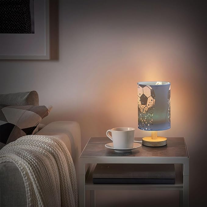 Table Lamp Sparkling Soccer Ball American Football Sport Design Nightstand Lamp with Wood Base Fabric Lamp Shade Bedside Desk Lamp for Living Room Bedroom Kids Room Office