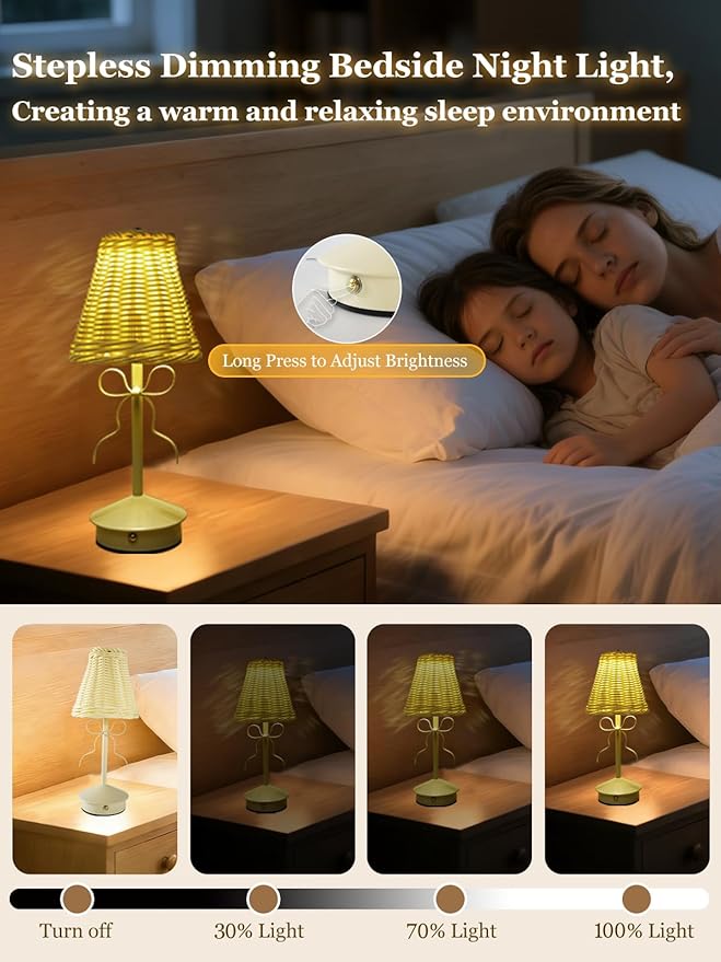 Boho Bow Rattan Table Lamp, Cordless Wicker Woven Vintage Table Lamp - LED Rechargeable Touch Control 3 Color Dimmable Reading Bedside Lamp for Bedroom Living Room Office, Home Outdoor Decor