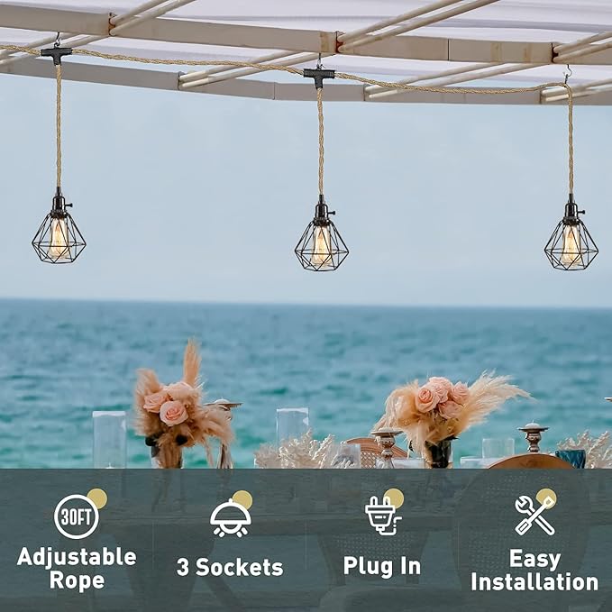 3-Light Hanging Light with Plug in Cord,Plug in Pendant Light 22ft Hemp Rope Pendant Lighting Vintage 3-Light Hanging Lamp Fixtures for Kitchen Island Living Room Bedroom