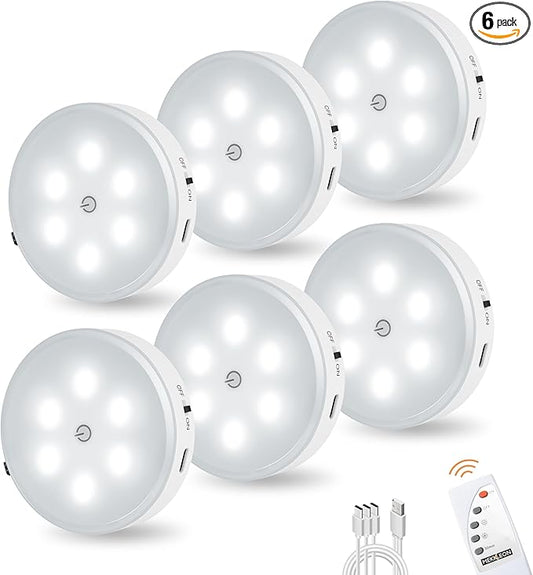Puck Lights with Remote Control, Magnetic Under Cabinet Lighting, 1200mAh Rechargeable Stick On Lights for Under Cabinet, Hallway, Stairway, Closet (Cool White, 6pcs)