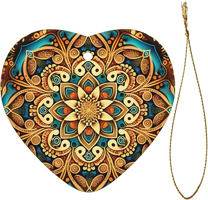 Gorgeous Mandala Christmas Ornaments, Christmas Decorations Xmas Tree Hanging Ornaments, Heart-Shaped Ceramic Festive Keepsake Gift for Christmas Decorations Home Holiday Party