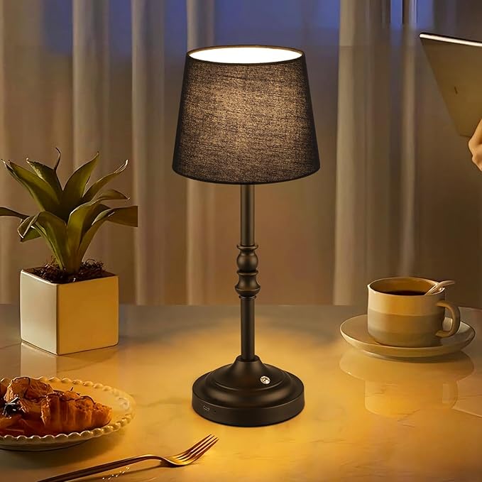 GGOYING Set of 2 Rechargeable Cordless LED Table Lamps, 4-Level Dimmer, Black Portable Desk Lamps with Black Fabric Shades, Night Light for Dining, Bedroom and Patio