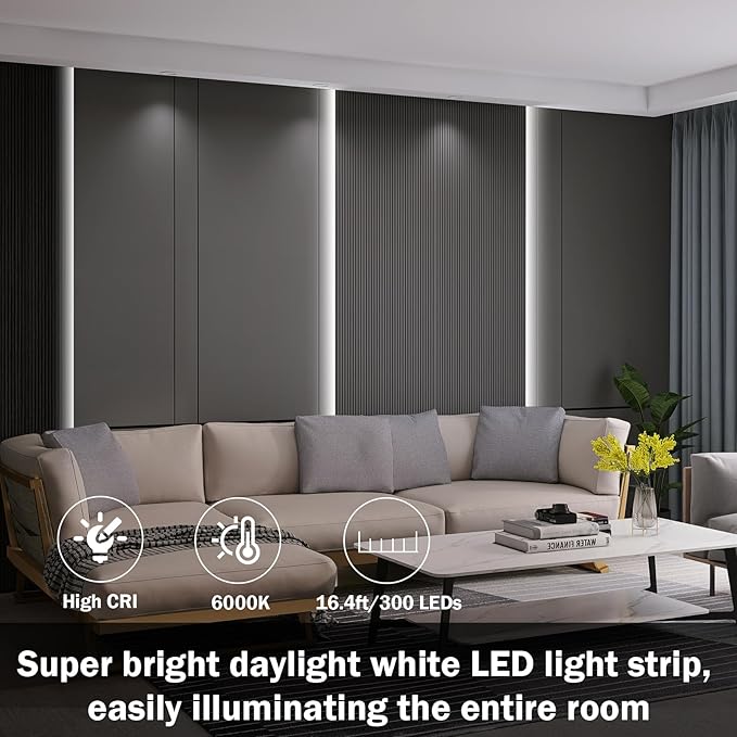 USB LED Light Strip White with Battery Box (Batteries Not Included), 16.4ft Daylight Under Cabinet Strip Lights Cuttable for Bedroom, Mirror, Party, Camping, Christmas, 8.2ft x 2
