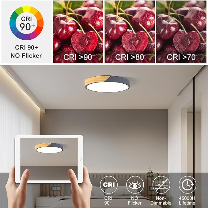 Vikaey Modern LED Ceiling Light, Minimalist Wood Flush Mount Ceiling Light Fixture, 4000K Not Dimmable, Circle Lighting Lamp with Acrylic Lampshade for Bedroom Dining Room Laundry (Grey, 15.8'')