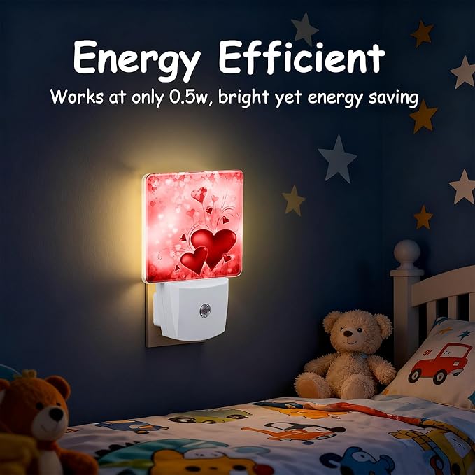 Red Hearts Love Night Light,Dusk-to-Dawn Auto Sensor Sweet Heart Romantic Red Plug in Night Light for Kids,0.5W Energy Saving LED NightLights for Bedroom,Ideal Gifts for Birthday Mother's Day