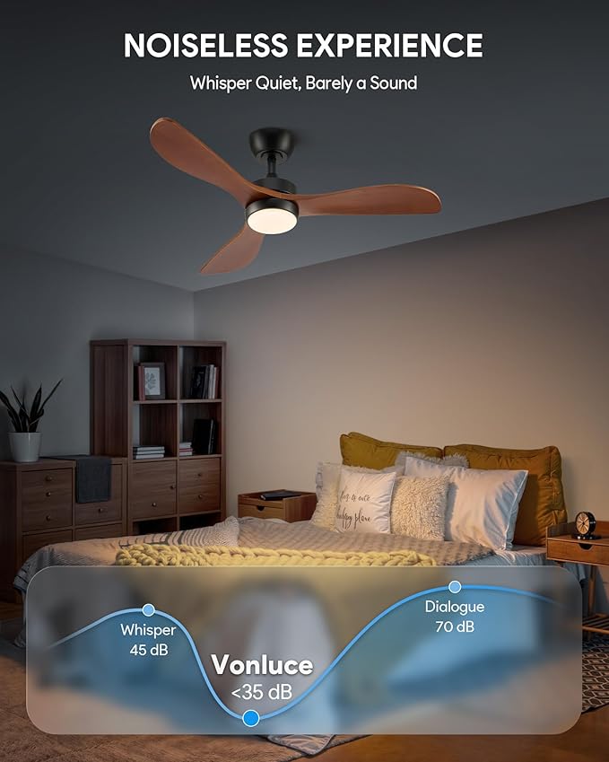 VONLUCE Ceiling Fans with Lights, 42 Inch Ceiling Fan and Remote, 6-Speeds Noiseless Reversible DC Motor, 3CCT, Wood Ceiling Fan for Outdoor Indoor Farmhouse Patios, Black
